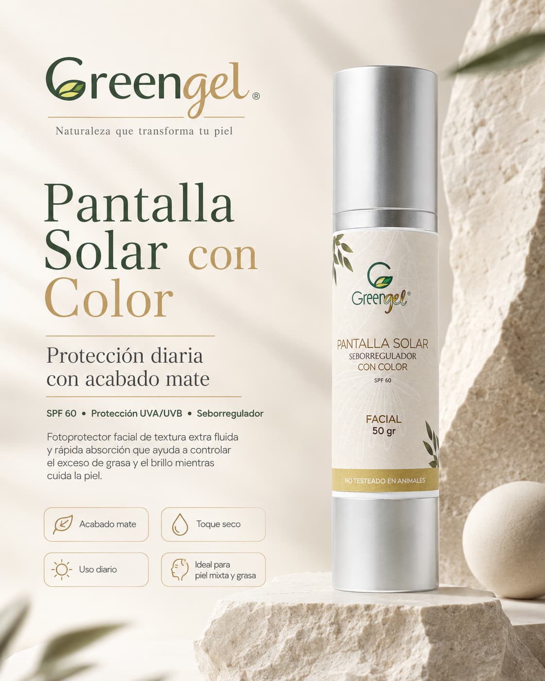 Protege tu piel con la Pantalla Solar Tono Neutro Greengel. Acabado mate, toque seco y control de brillo para piel mixta y grasa.