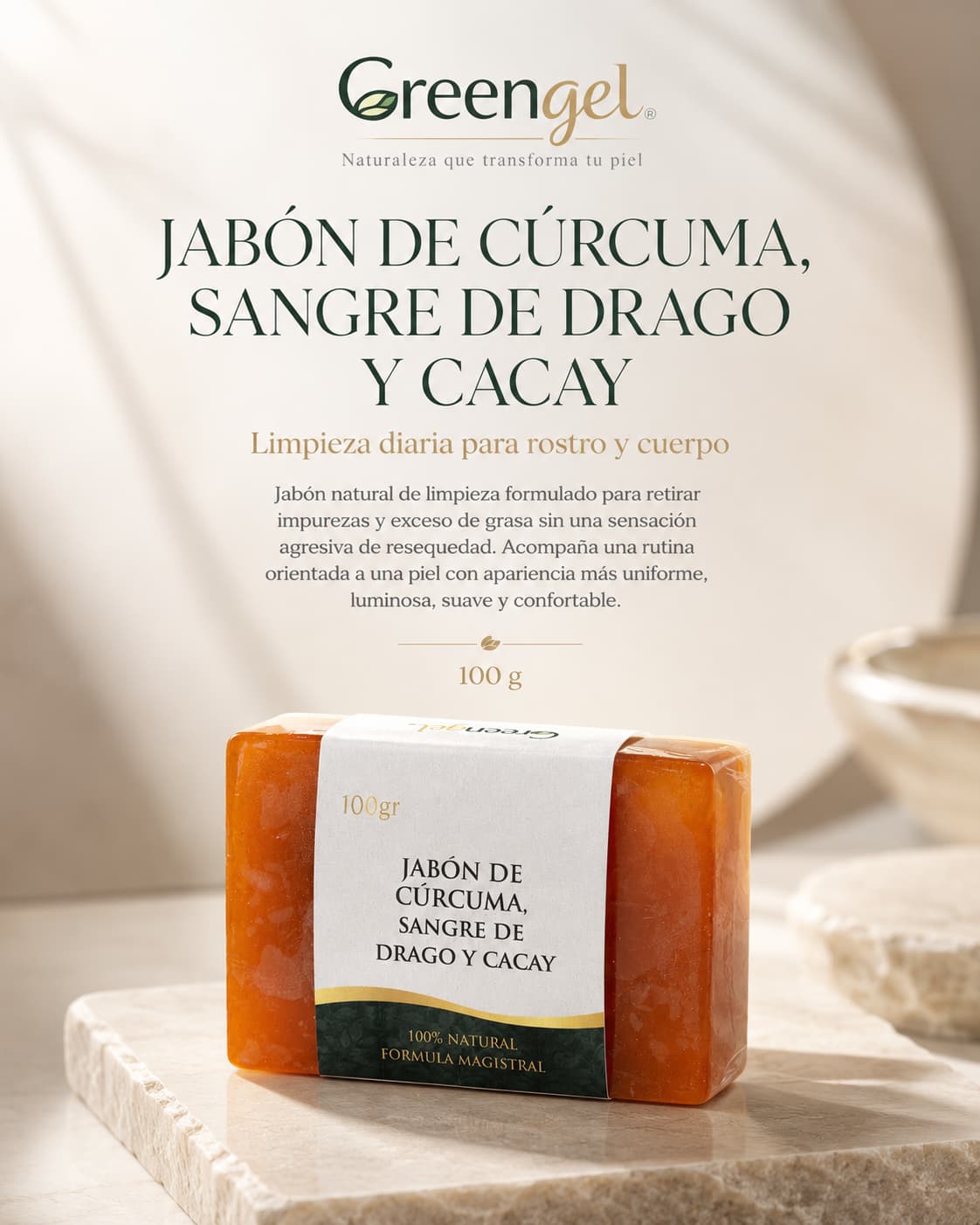 Jabón de cúrcuma y jengibre Greengel para rostro y cuerpo. Limpia impurezas y exceso de grasa dejando la piel suave, fresca y luminosa.