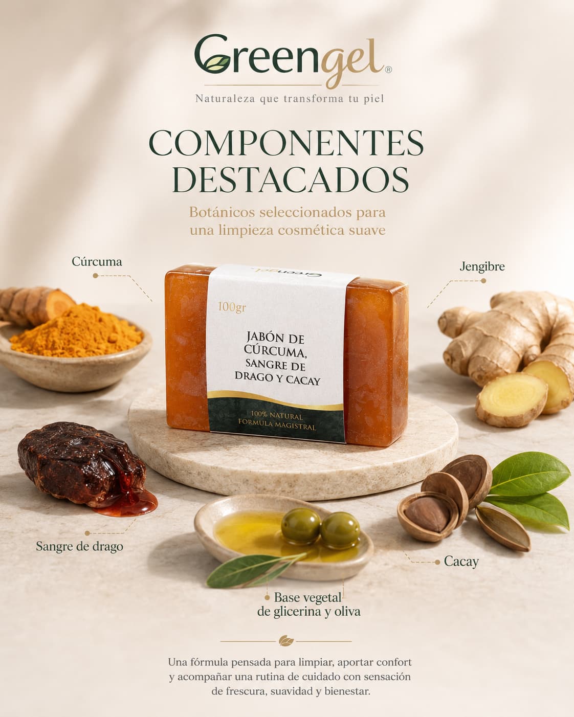 Jabón de cúrcuma y jengibre Greengel para rostro y cuerpo. Limpia impurezas y exceso de grasa dejando la piel suave, fresca y luminosa.