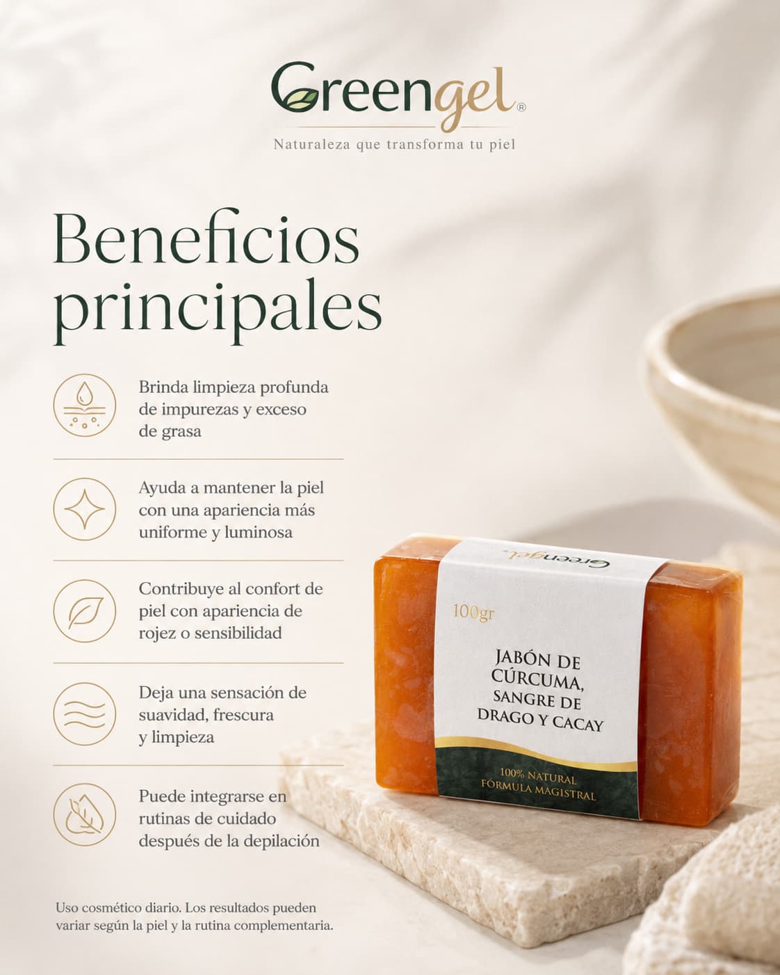 Jabón de cúrcuma y jengibre Greengel para rostro y cuerpo. Limpia impurezas y exceso de grasa dejando la piel suave, fresca y luminosa.