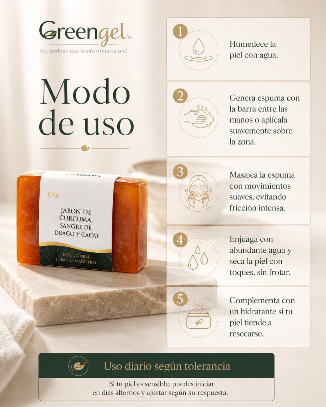 Jabón de cúrcuma y jengibre Greengel para rostro y cuerpo. Limpia impurezas y exceso de grasa dejando la piel suave, fresca y luminosa.