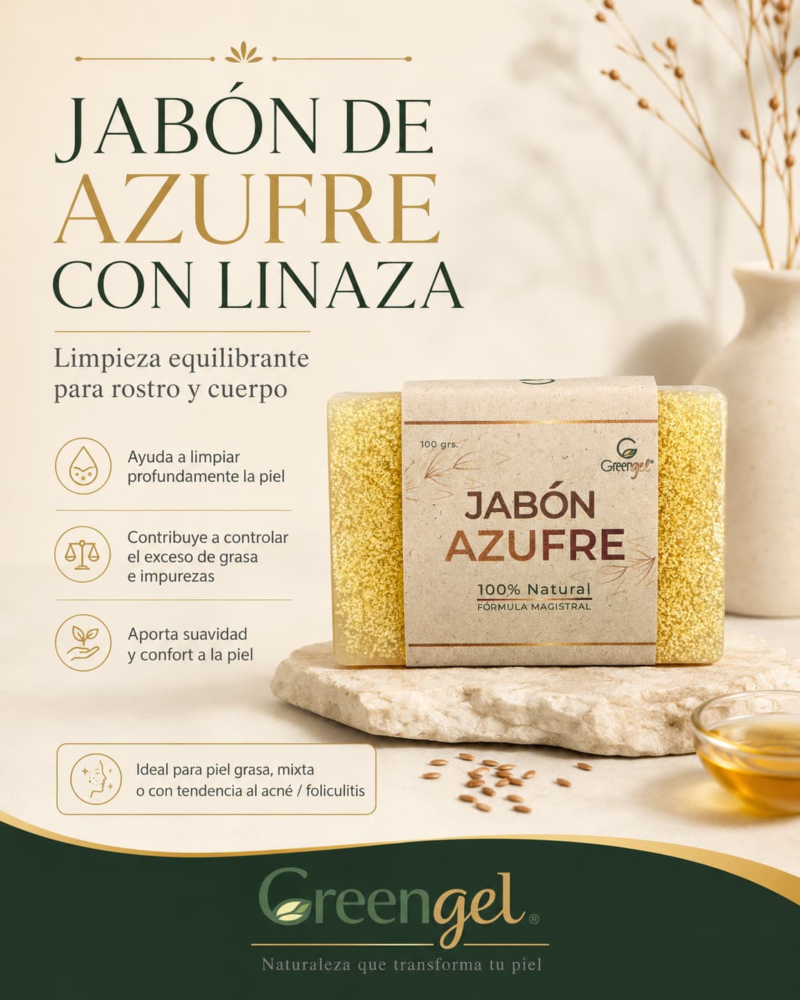 Jabón de azufre con linaza para rostro y cuerpo. Ayuda a limpiar profundamente, controlar el exceso de grasa e impurezas y mantener la piel suave.