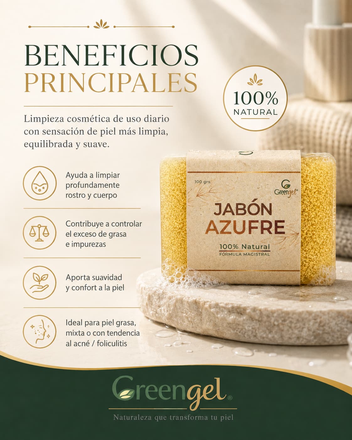 Jabón de azufre con linaza para rostro y cuerpo. Ayuda a limpiar profundamente, controlar el exceso de grasa e impurezas y mantener la piel suave.