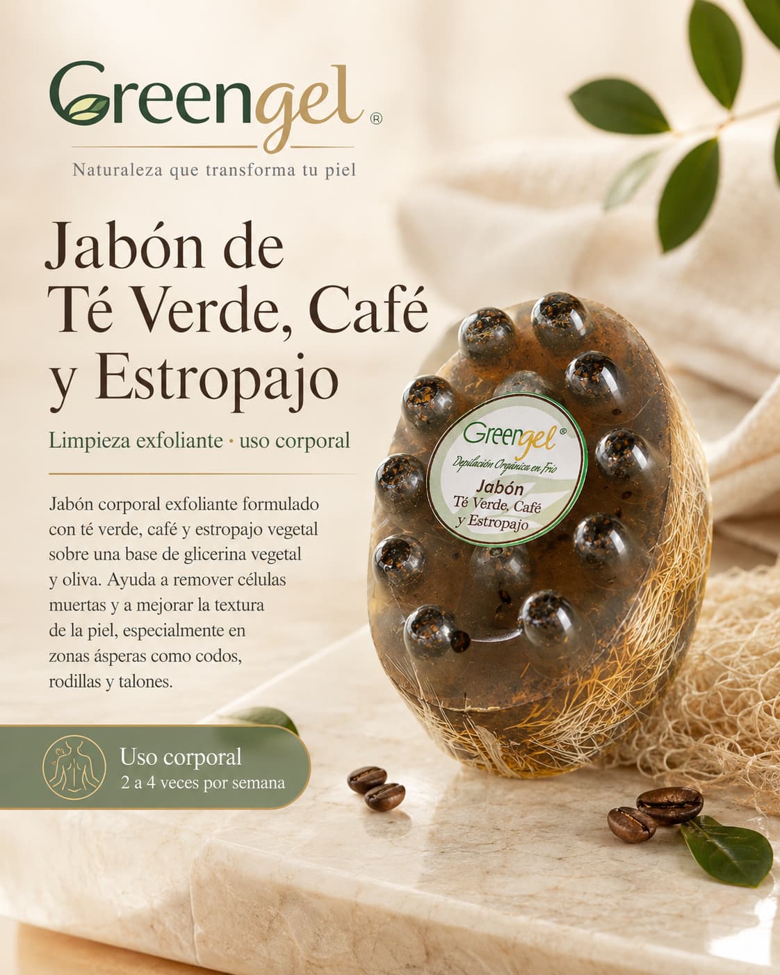 Jabón exfoliante de té verde, café y estropajo Greengel: limpia, remueve células muertas y ayuda a suavizar codos, rodillas y talones. Compra online.