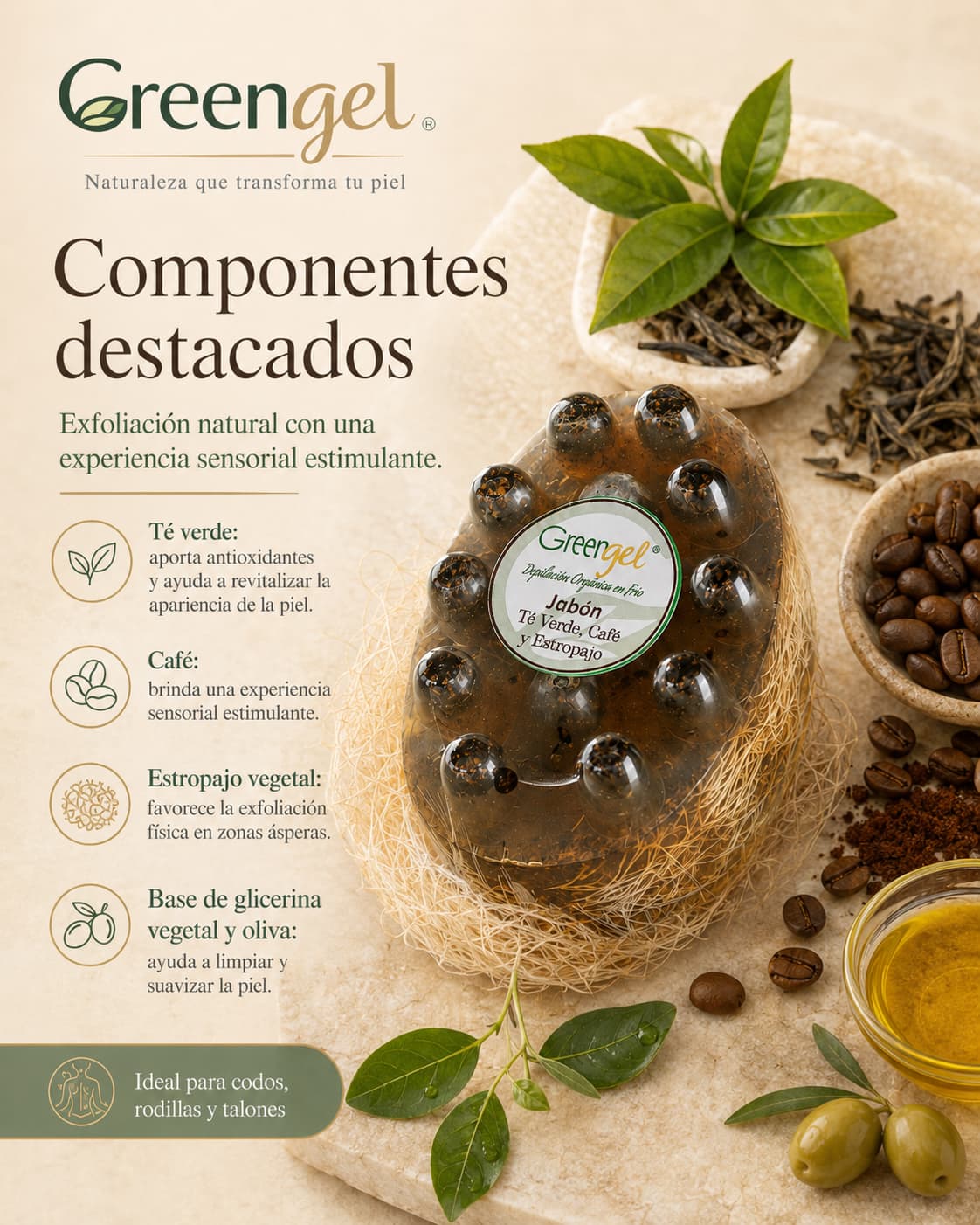 Jabón exfoliante de té verde, café y estropajo Greengel: limpia, remueve células muertas y ayuda a suavizar codos, rodillas y talones. Compra online.