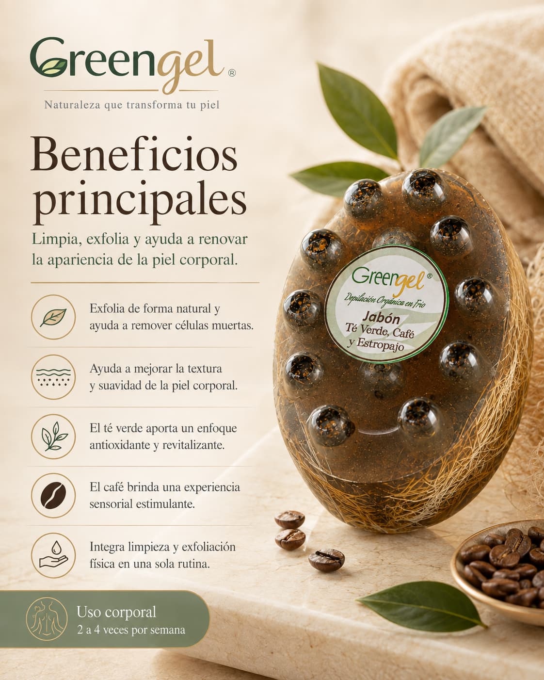 Jabón exfoliante de té verde, café y estropajo Greengel: limpia, remueve células muertas y ayuda a suavizar codos, rodillas y talones. Compra online.