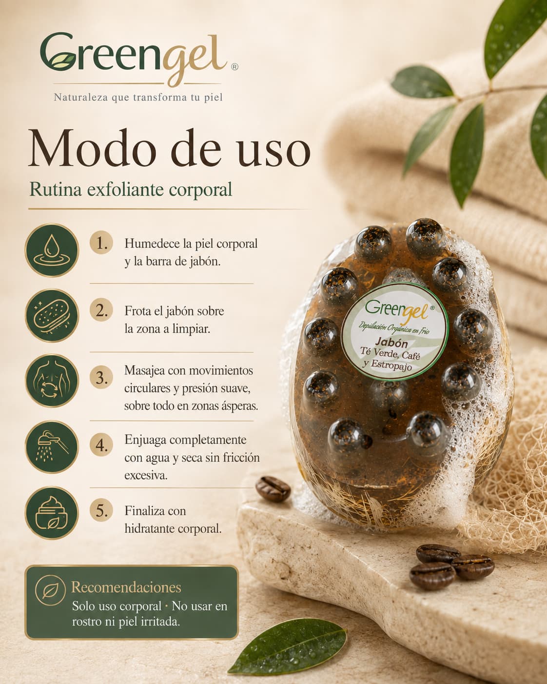 Jabón exfoliante de té verde, café y estropajo Greengel: limpia, remueve células muertas y ayuda a suavizar codos, rodillas y talones. Compra online.