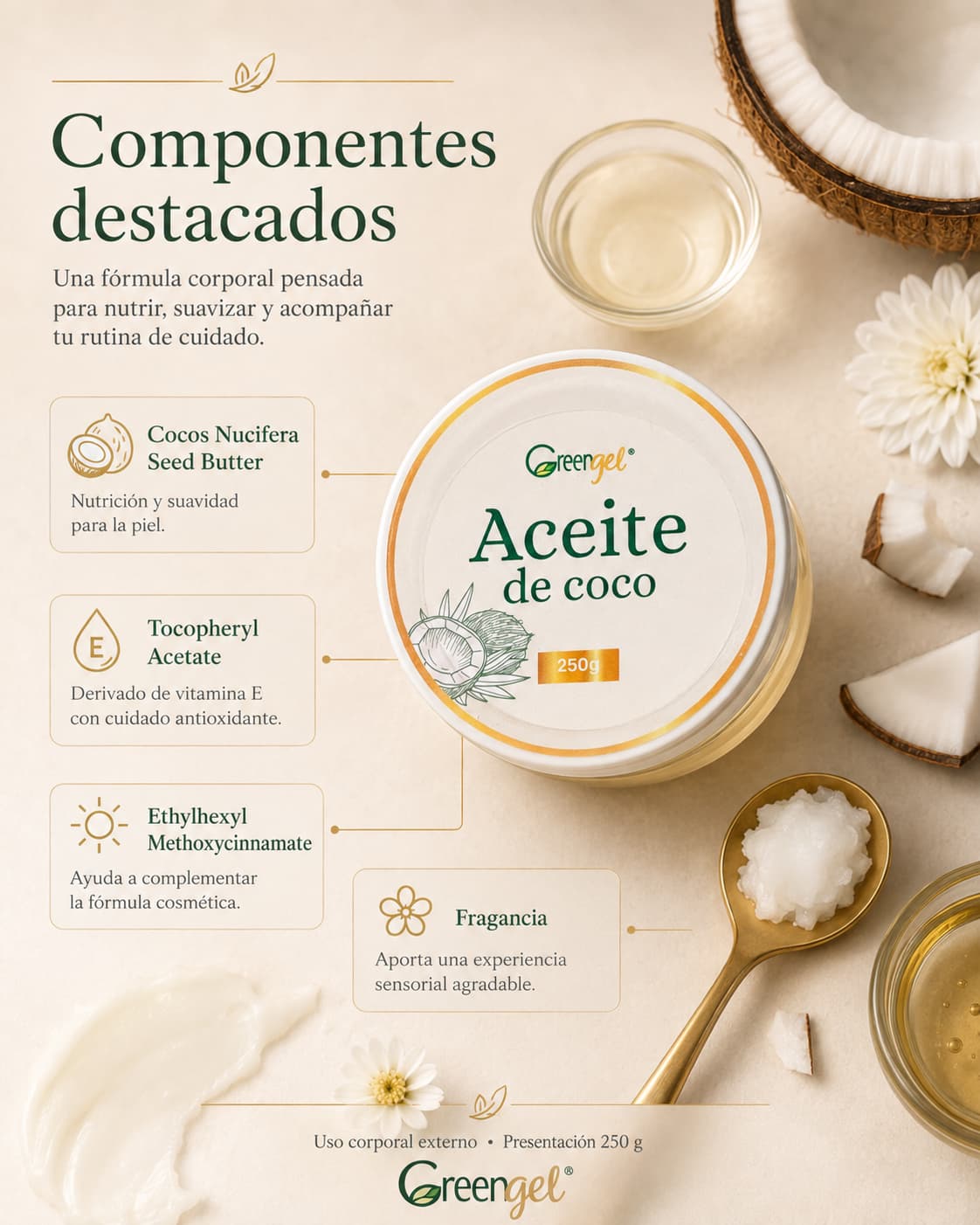 Hidrata y suaviza tu piel con el Aceite de Coco Corporal Greengel 250 g. Ideal para piel seca, zonas ásperas y cuidado post-depilación.