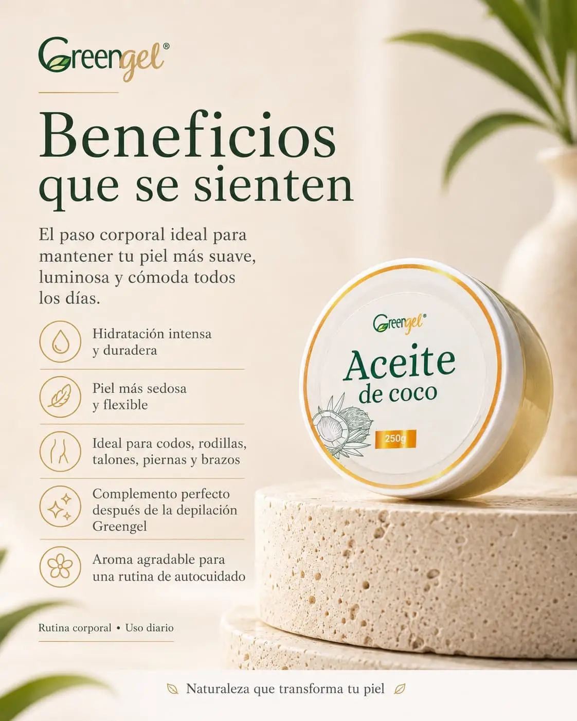 Hidrata y suaviza tu piel con el Aceite de Coco Corporal Greengel 250 g. Ideal para piel seca, zonas ásperas y cuidado post-depilación.