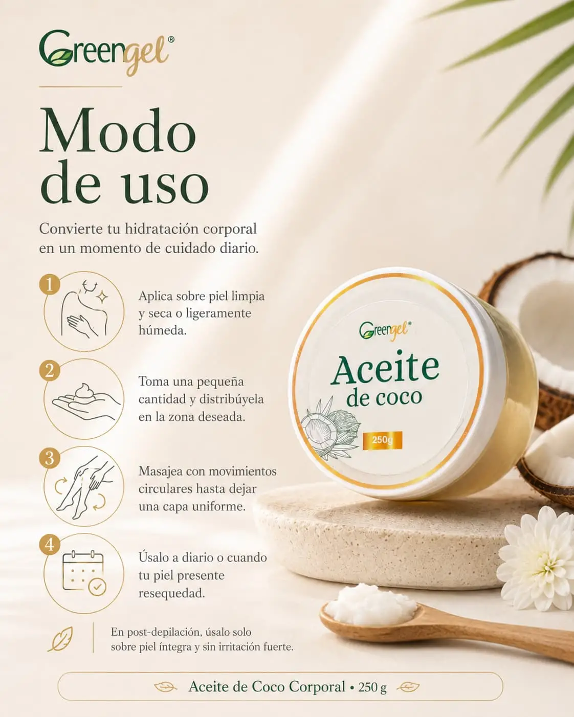 Hidrata y suaviza tu piel con el Aceite de Coco Corporal Greengel 250 g. Ideal para piel seca, zonas ásperas y cuidado post-depilación.