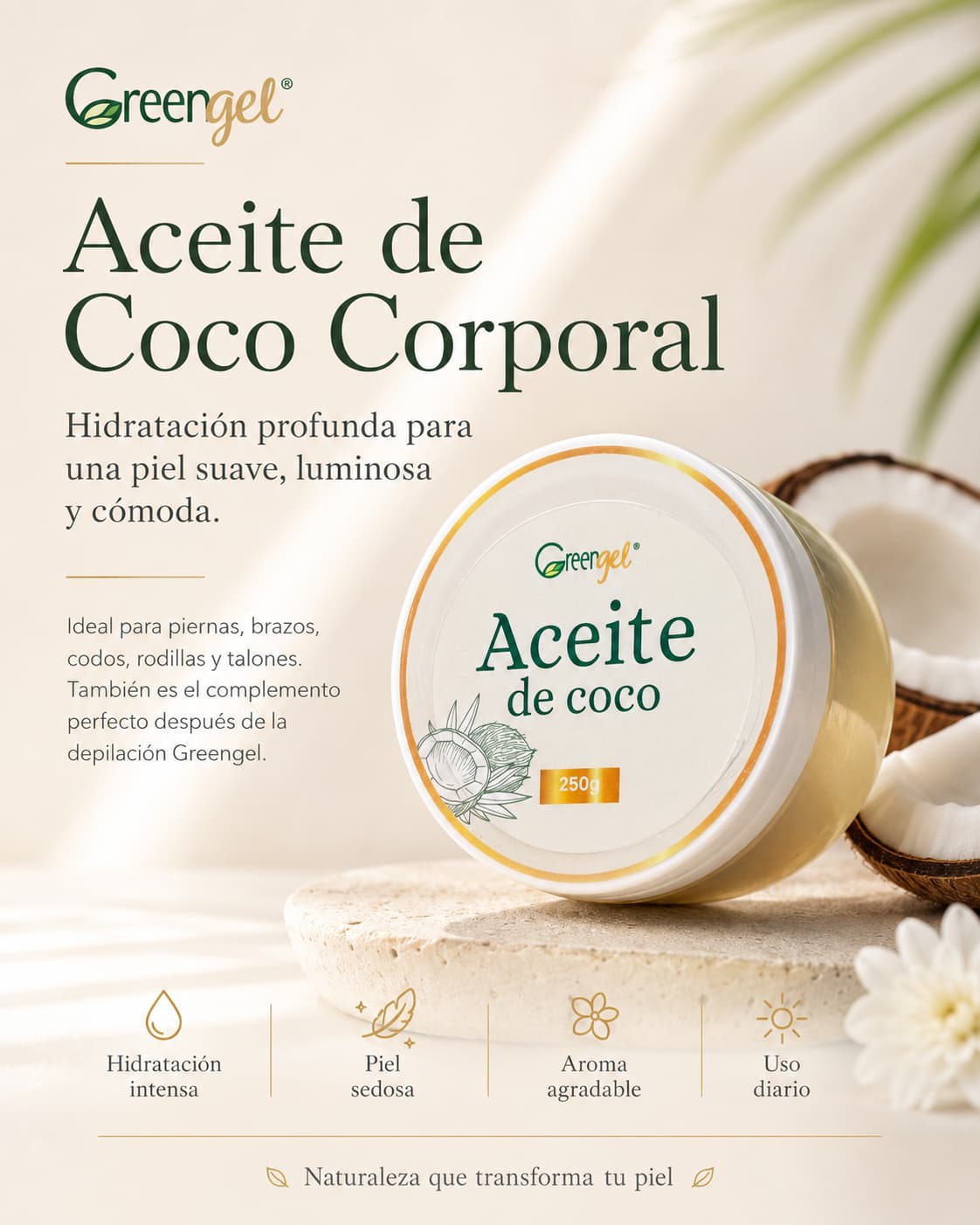 Hidrata y suaviza tu piel con el Aceite de Coco Corporal Greengel 250 g. Ideal para piel seca, zonas ásperas y cuidado post-depilación.