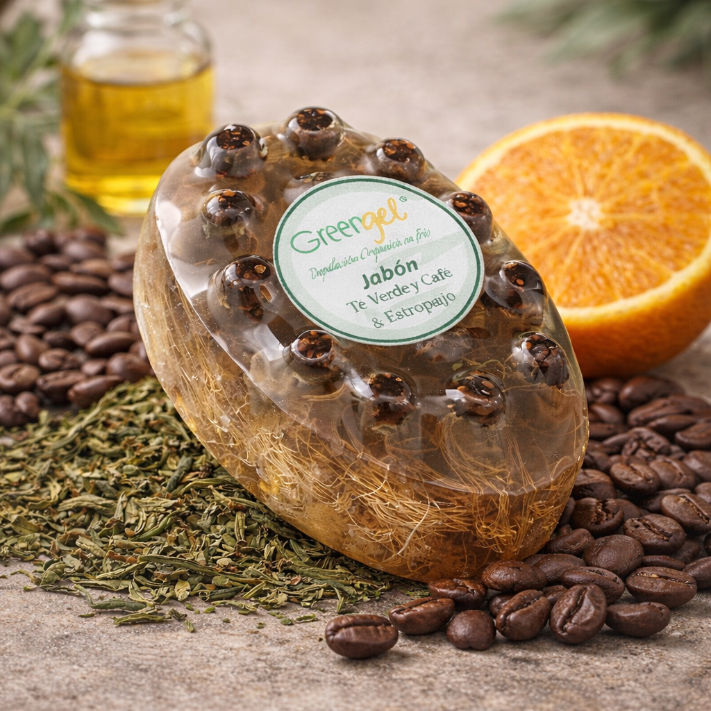 Jabón de estropajo, té verde y café