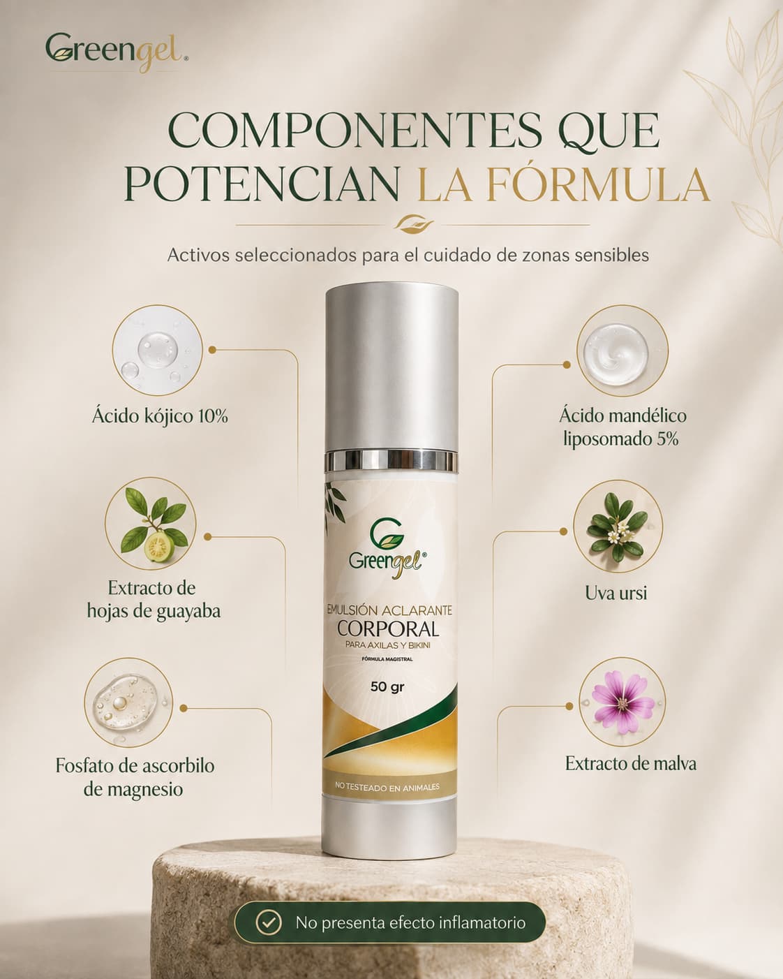 Emulsión aclarante para axilas y bikini con ácido kójico 10% y ácido mandélico 5%. Ayuda a mejorar manchas, tono y textura. ¡Conócela!