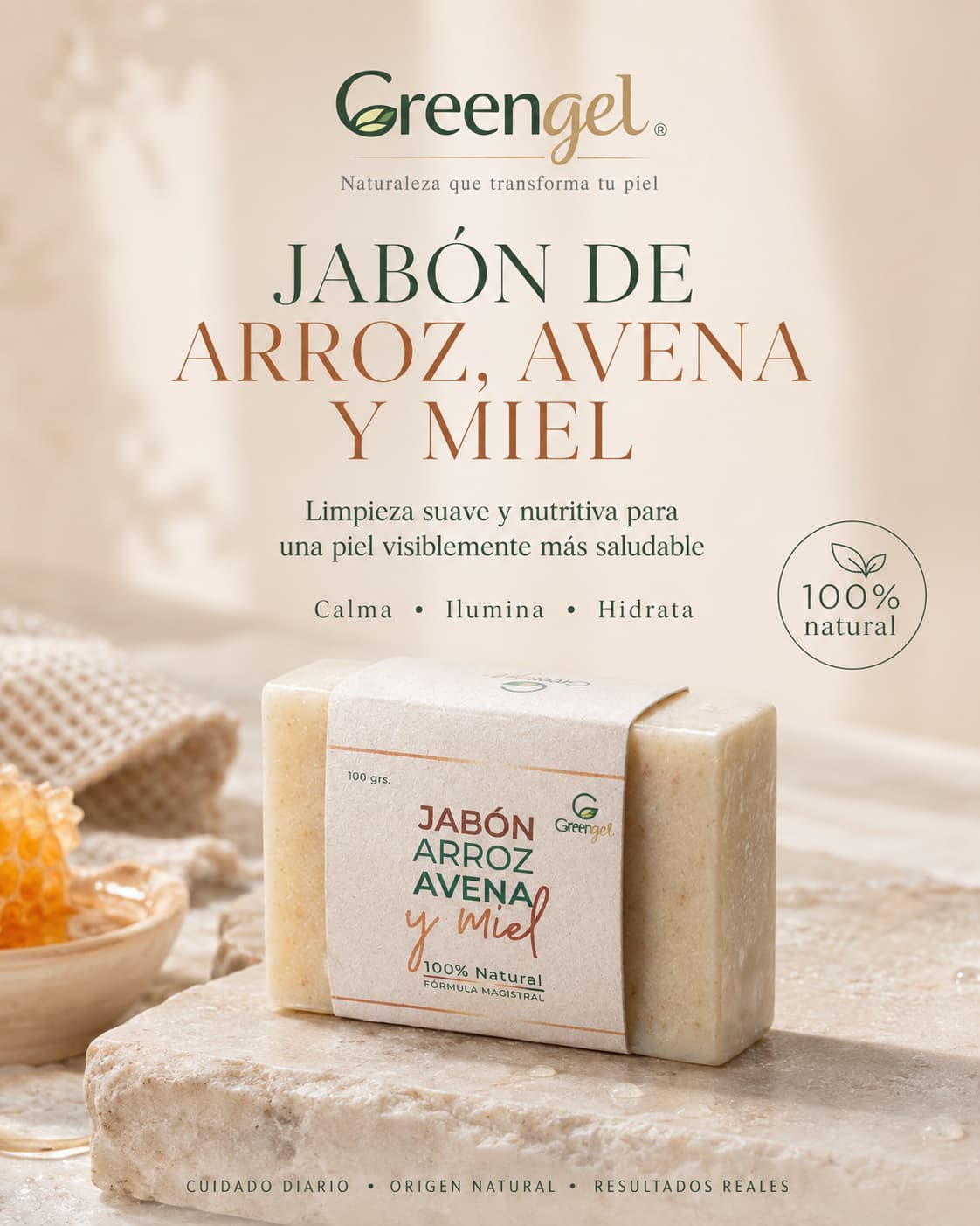 Jabón de avena, arroz y miel para limpiar, hidratar y suavizar la piel. Ideal para piel seca o sensible. Conoce Greengel.