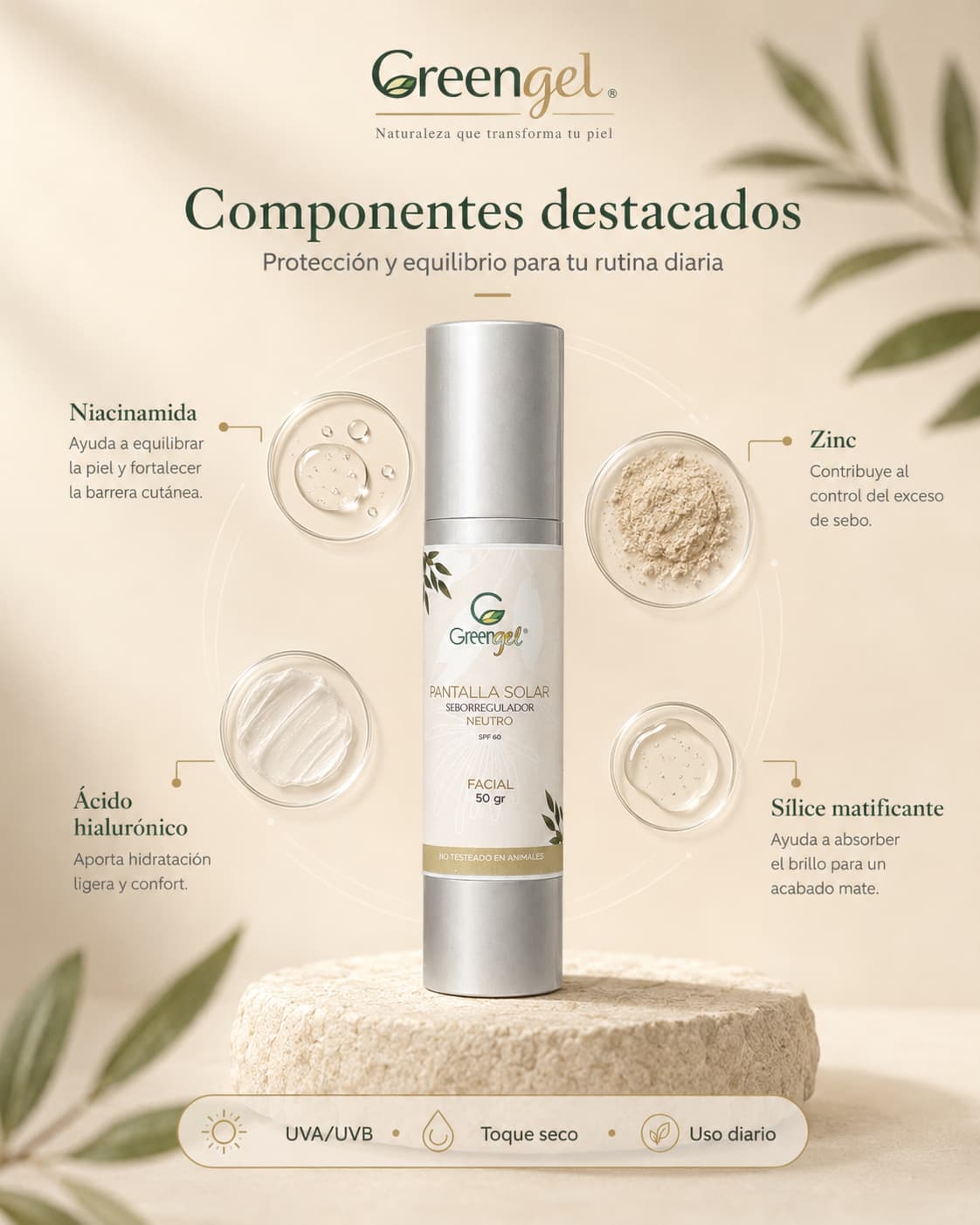 Protege tu piel con la Pantalla Solar Greengel de acabado mate. Ayuda a controlar el brillo, tiene rápida absorción y es ideal para piel mixta y grasa.