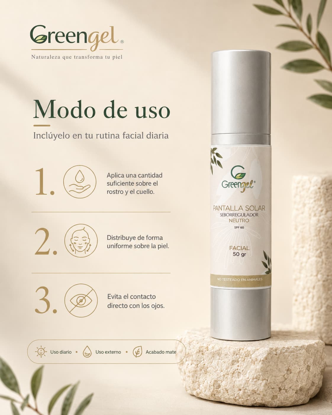 Protege tu piel con la Pantalla Solar Greengel de acabado mate. Ayuda a controlar el brillo, tiene rápida absorción y es ideal para piel mixta y grasa.