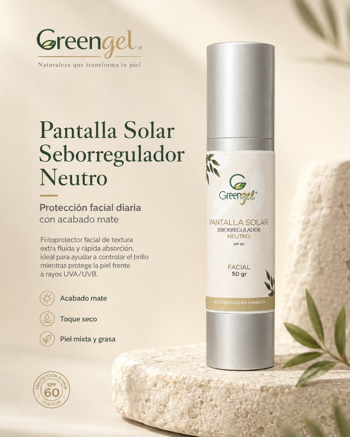 Protege tu piel con la Pantalla Solar Greengel de acabado mate. Ayuda a controlar el brillo, tiene rápida absorción y es ideal para piel mixta y grasa.