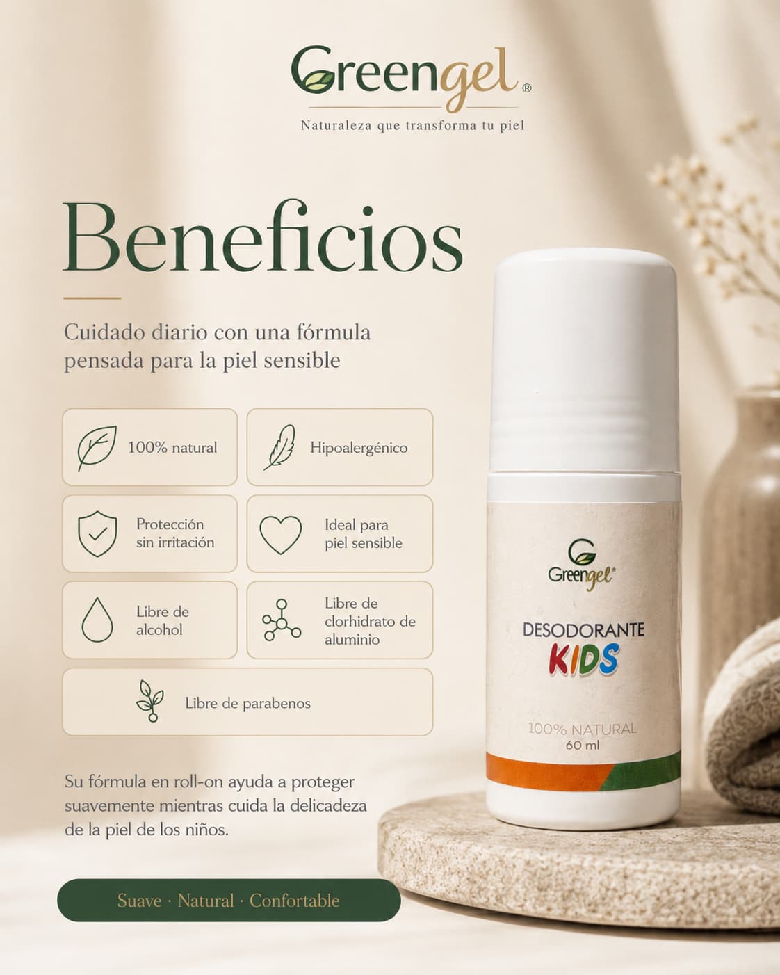 Desodorante natural unisex Greengel para piel sensible. Ayuda a controlar el mal olor, cuidar el tono de las axilas y mantener una sensación fresca.