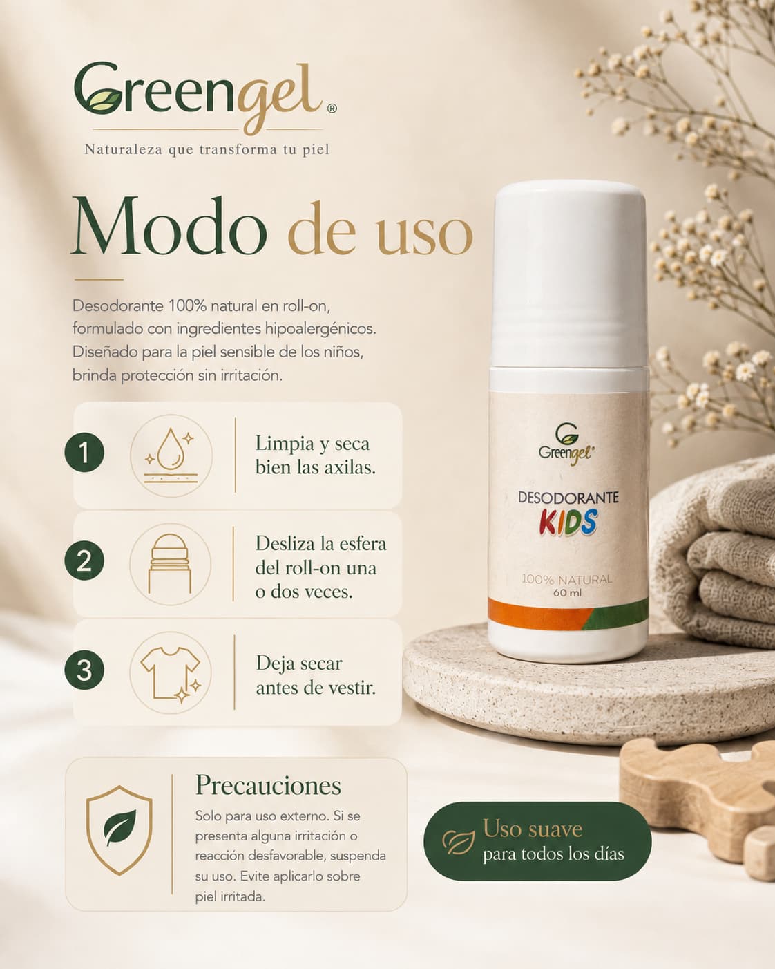 Desodorante natural unisex Greengel para piel sensible. Ayuda a controlar el mal olor, cuidar el tono de las axilas y mantener una sensación fresca.