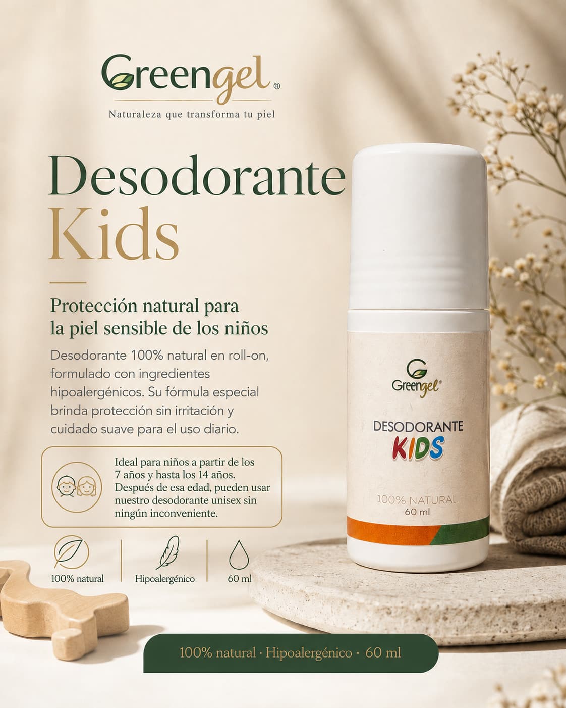 Desodorante natural unisex Greengel para piel sensible. Ayuda a controlar el mal olor, cuidar el tono de las axilas y mantener una sensación fresca.