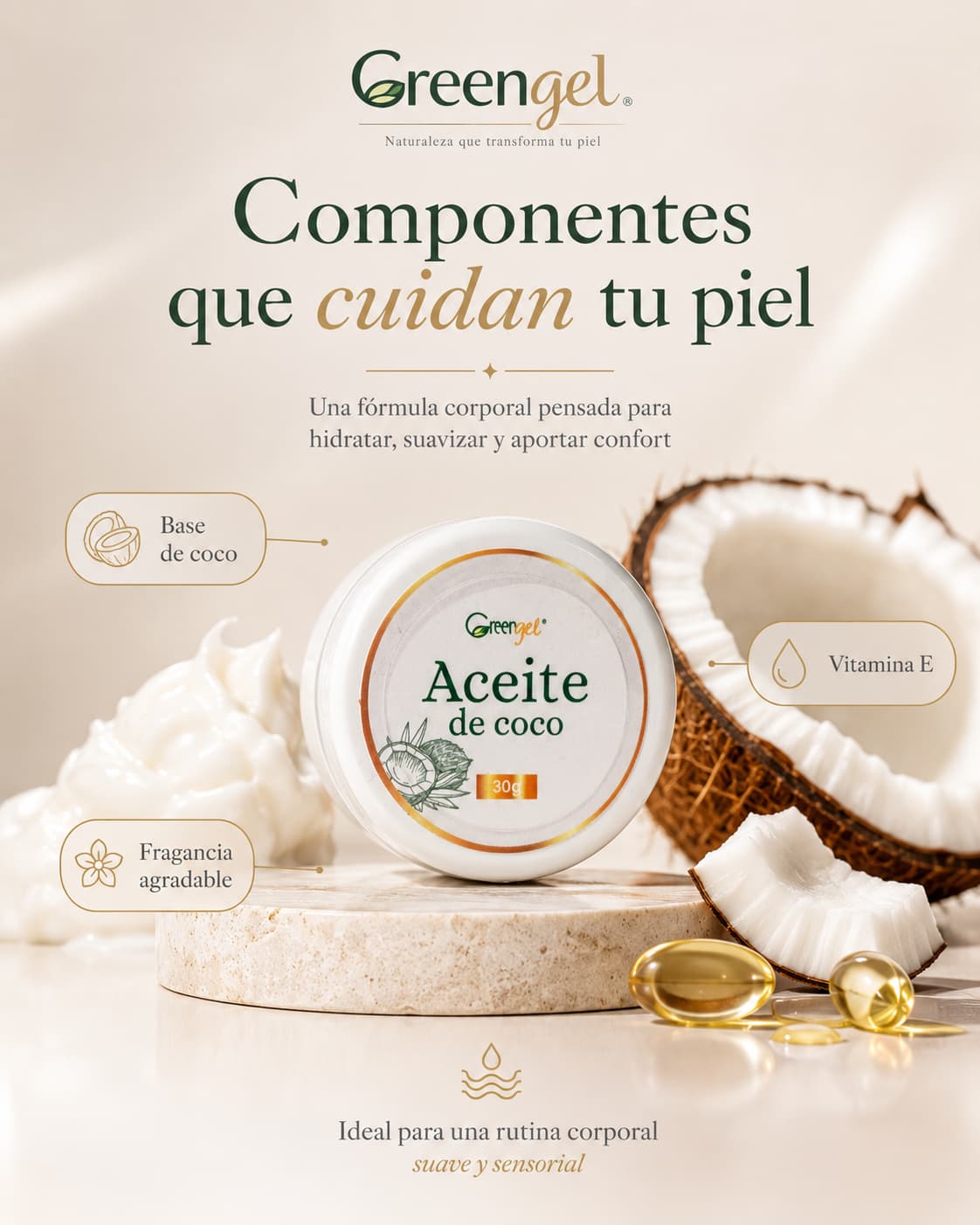 aceite de coco corporal 30 g, hidratación corporal, aceite para piel seca, cuidado post-depilación, piel suave e hidratada
