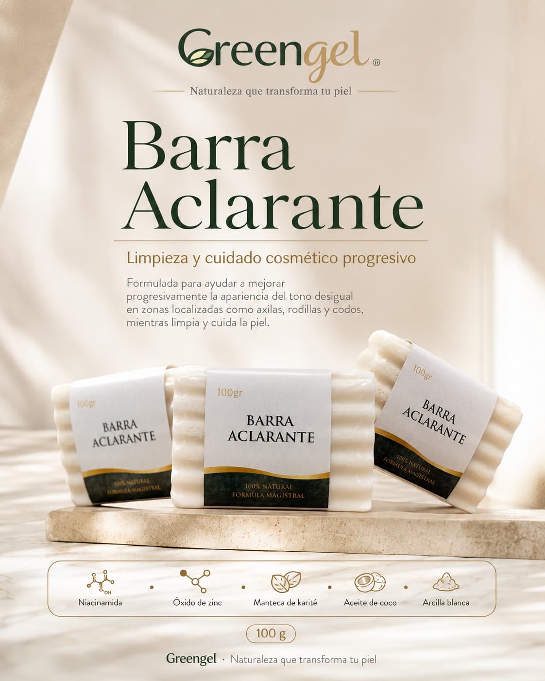 Barra Aclarante Greengel para axilas, rodillas y codos. Con niacinamida, karité y aceite de coco para cuidar, hidratar y mejorar el tono desigual.