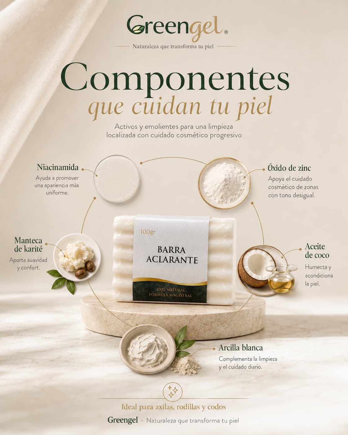 Barra Aclarante Greengel para axilas, rodillas y codos. Con niacinamida, karité y aceite de coco para cuidar, hidratar y mejorar el tono desigual.