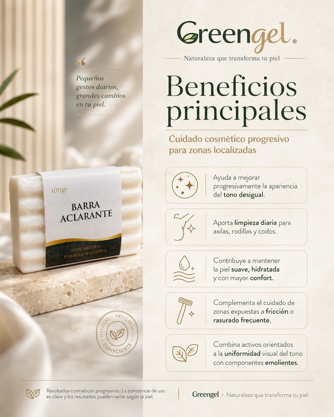 Barra Aclarante Greengel para axilas, rodillas y codos. Con niacinamida, karité y aceite de coco para cuidar, hidratar y mejorar el tono desigual.