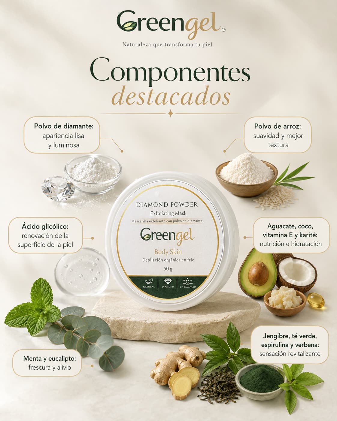 Renueva, suaviza e ilumina tu piel con el exfoliante corporal con polvo de diamante Greengel. Ideal para piel áspera y piernas cansadas.