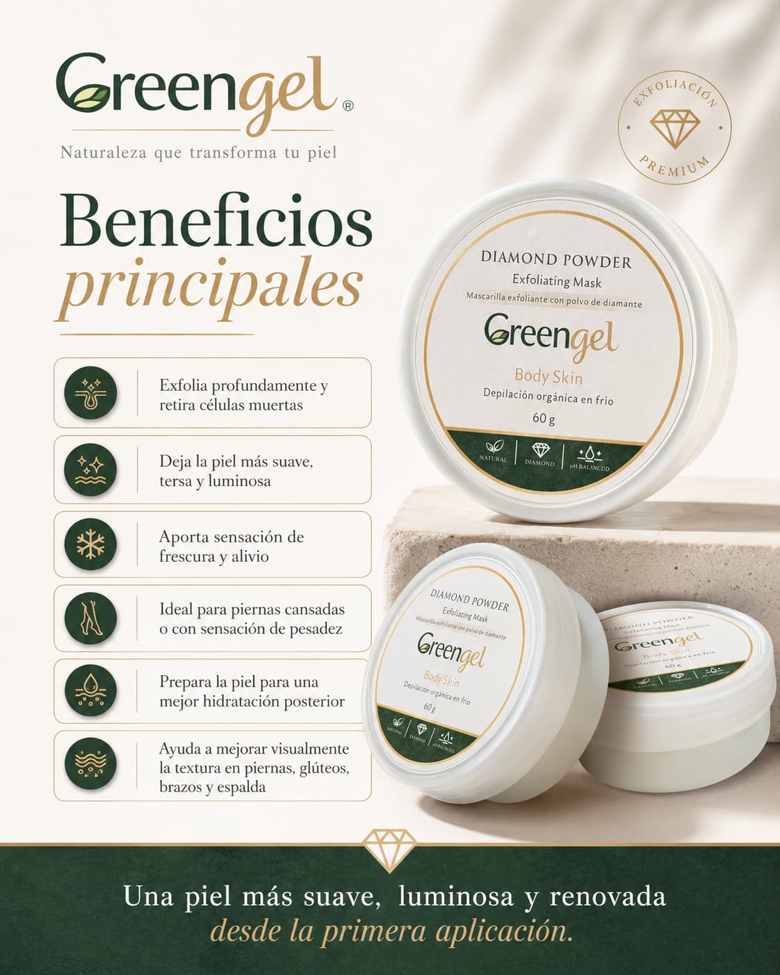 Renueva, suaviza e ilumina tu piel con el exfoliante corporal con polvo de diamante Greengel. Ideal para piel áspera y piernas cansadas.