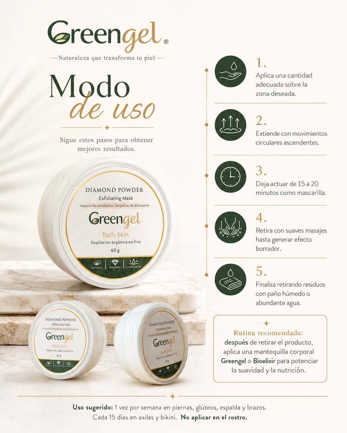 Renueva, suaviza e ilumina tu piel con el exfoliante corporal con polvo de diamante Greengel. Ideal para piel áspera y piernas cansadas.