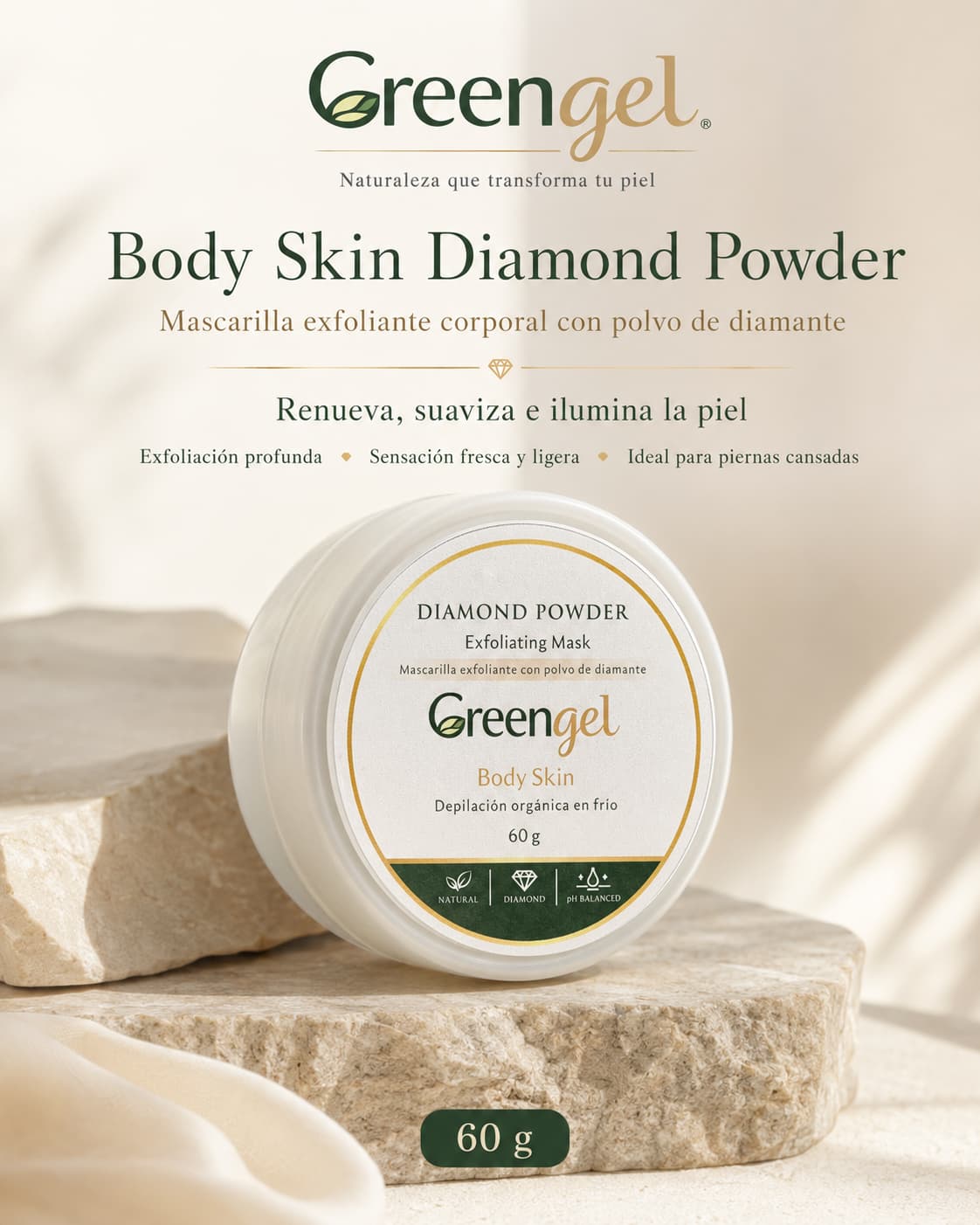 Renueva, suaviza e ilumina tu piel con el exfoliante corporal con polvo de diamante Greengel. Ideal para piel áspera y piernas cansadas.