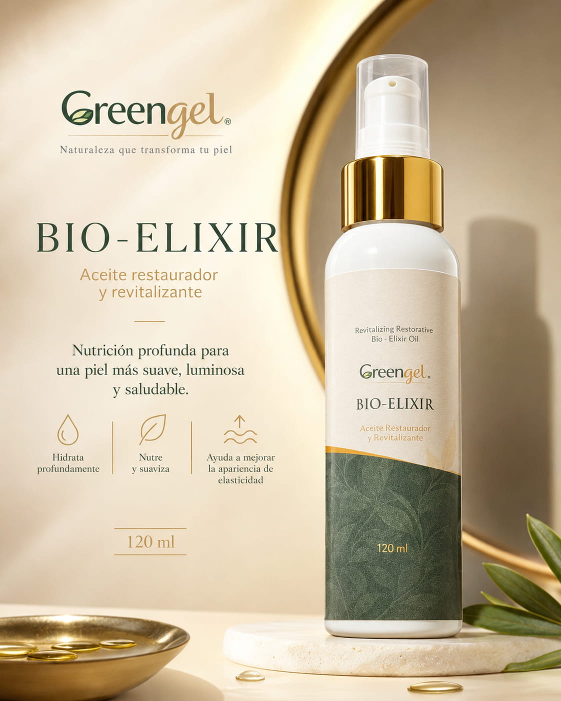 Bio-Elixir Greengel hidrata, nutre y revitaliza la piel seca u opaca. Con aceites y extractos naturales que aportan suavidad y luminosidad.