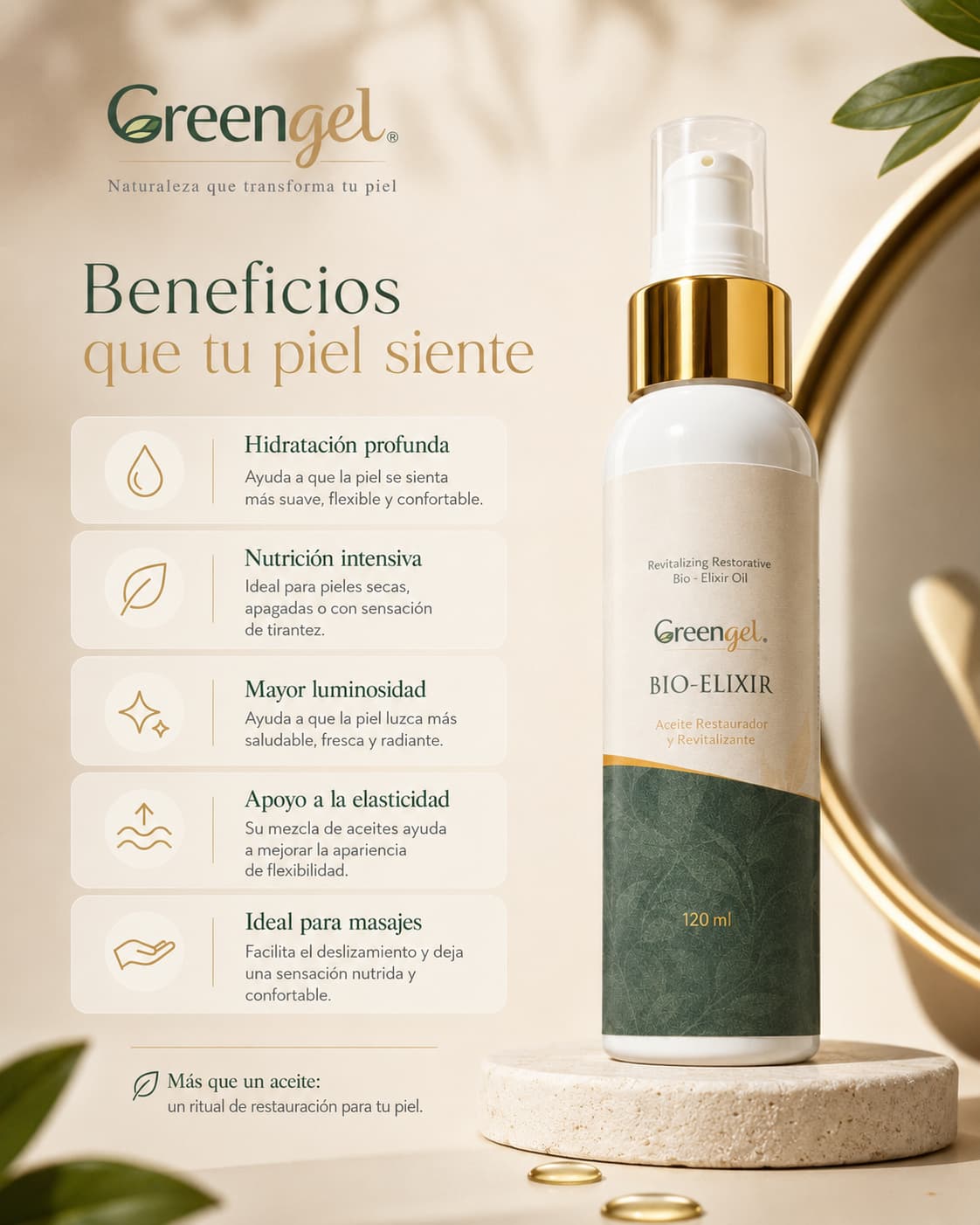 Bio-Elixir Greengel hidrata, nutre y revitaliza la piel seca u opaca. Con aceites y extractos naturales que aportan suavidad y luminosidad.