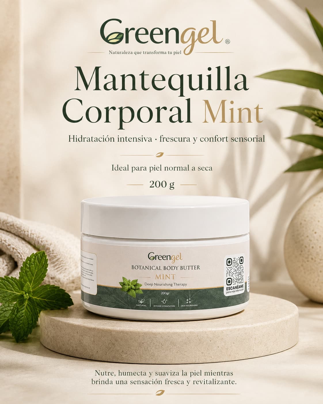 Hidrata y suaviza tu piel con la Mantequilla Corporal de Menta y Jengibre Greengel. Frescura, confort y nutrición para piel normal a seca. 200 g.