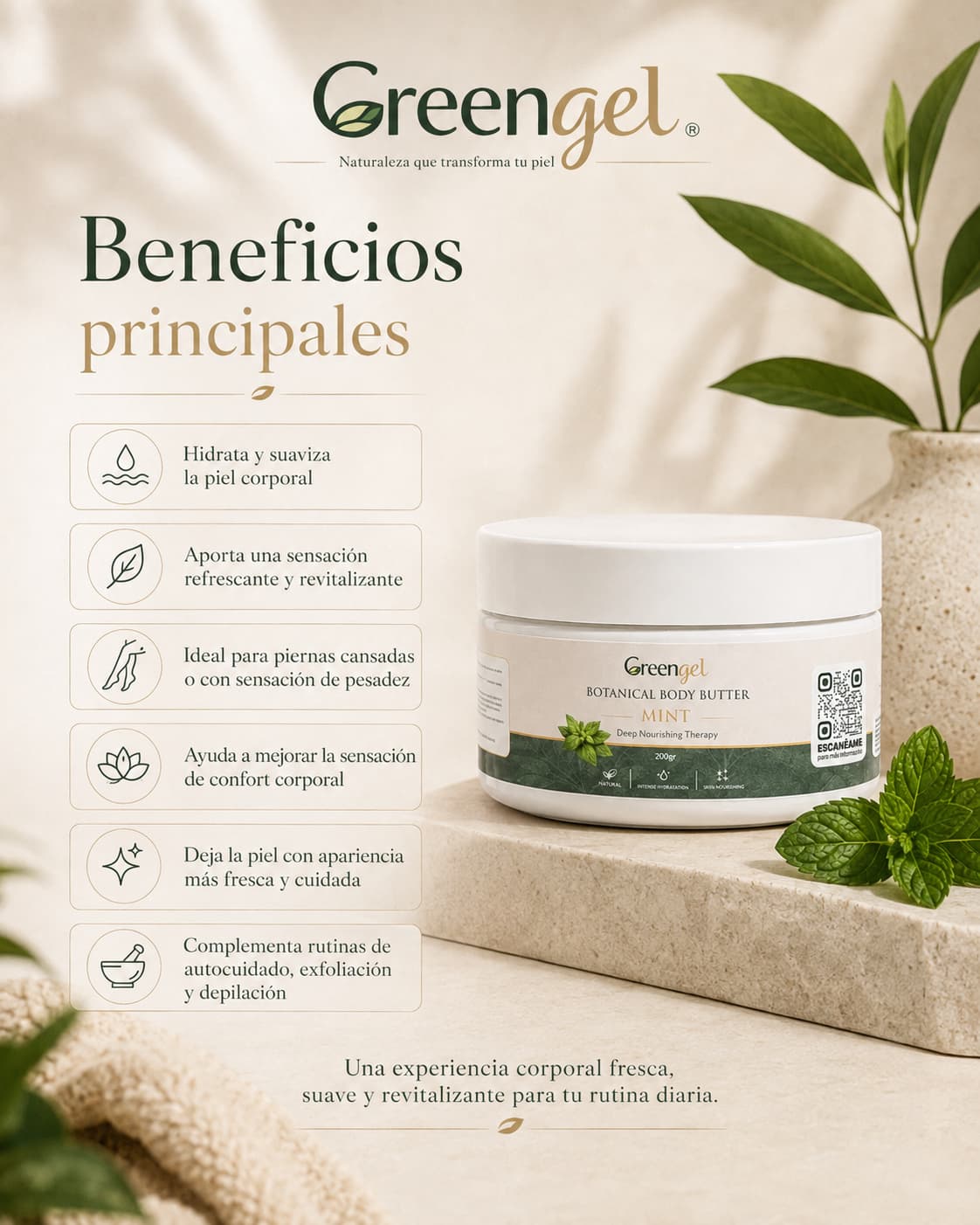 Hidrata y suaviza tu piel con la Mantequilla Corporal de Menta y Jengibre Greengel. Frescura, confort y nutrición para piel normal a seca. 200 g.