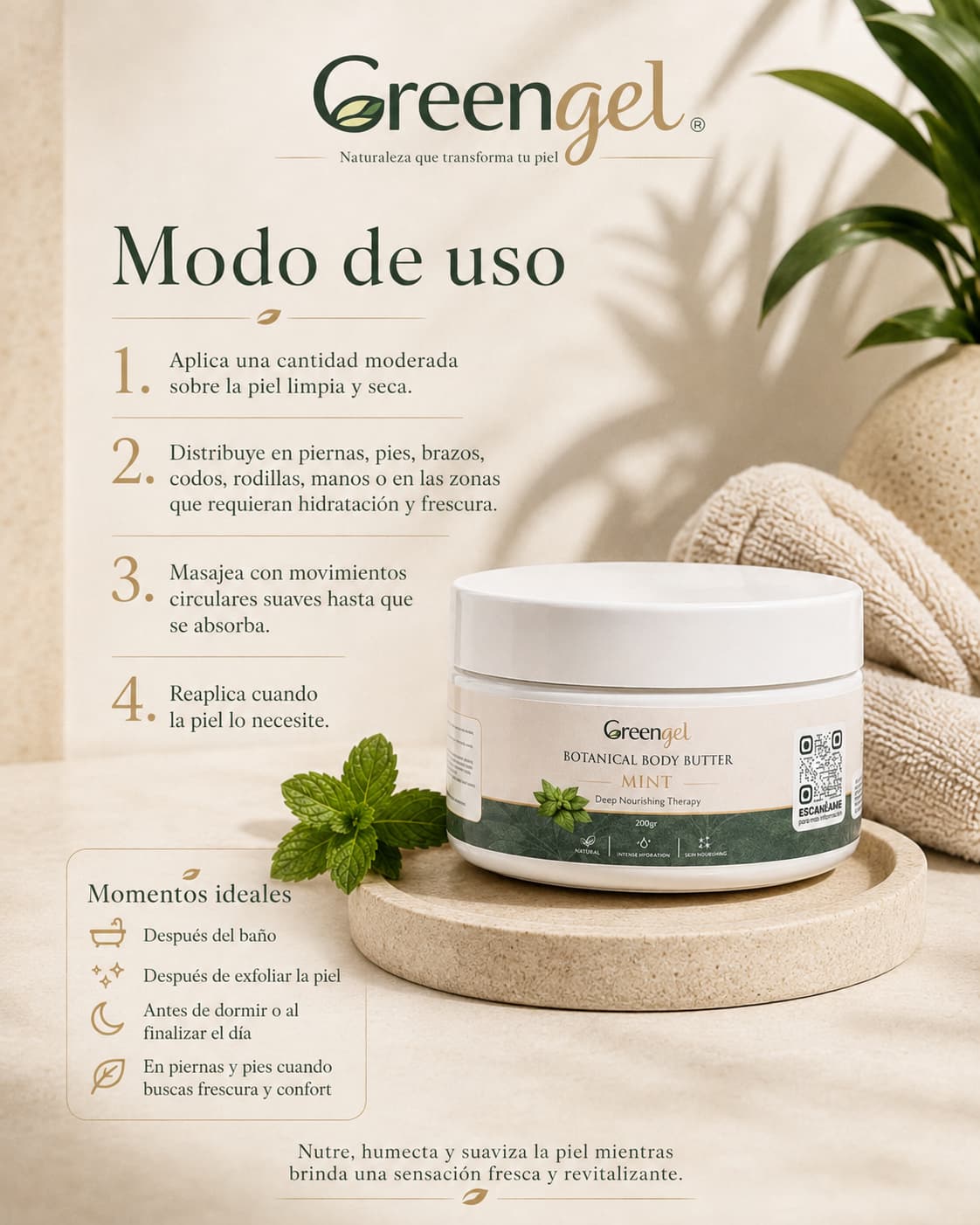 Hidrata y suaviza tu piel con la Mantequilla Corporal de Menta y Jengibre Greengel. Frescura, confort y nutrición para piel normal a seca. 200 g.
