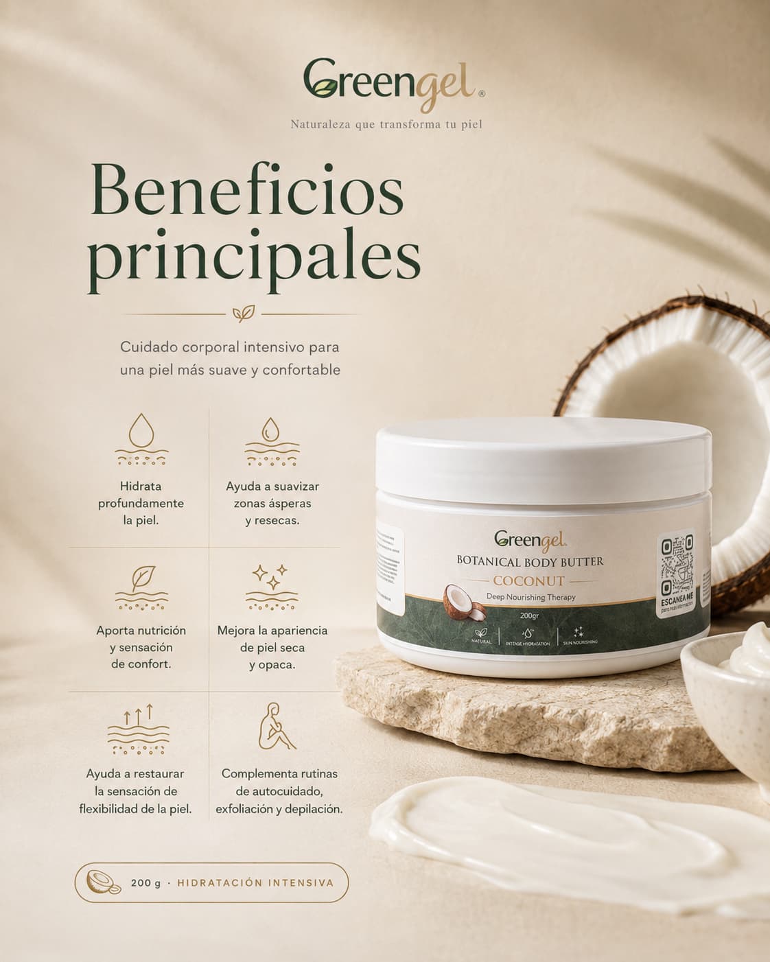 Hidrata y nutre la piel seca con la Mantequilla Corporal Coconut Greengel. Con coco y vainilla blanca para una piel suave, flexible y luminosa.