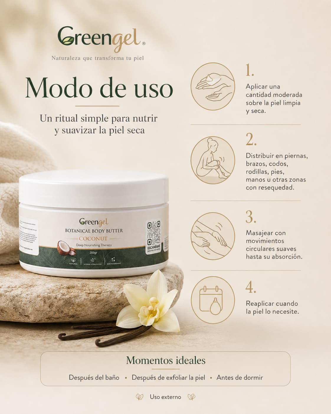 Hidrata y nutre la piel seca con la Mantequilla Corporal Coconut Greengel. Con coco y vainilla blanca para una piel suave, flexible y luminosa.