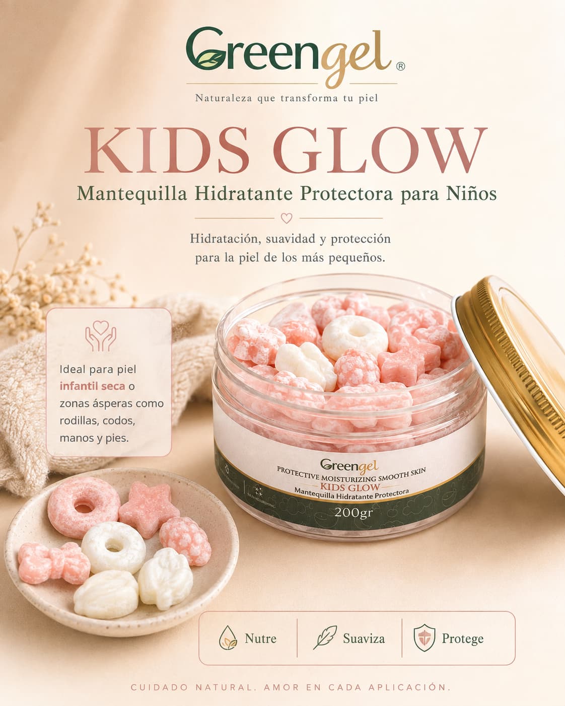 Kids Glow, mantequilla hidratante para niños con karité, vitamina E y aceites naturales. Nutre, suaviza y protege la piel infantil.
