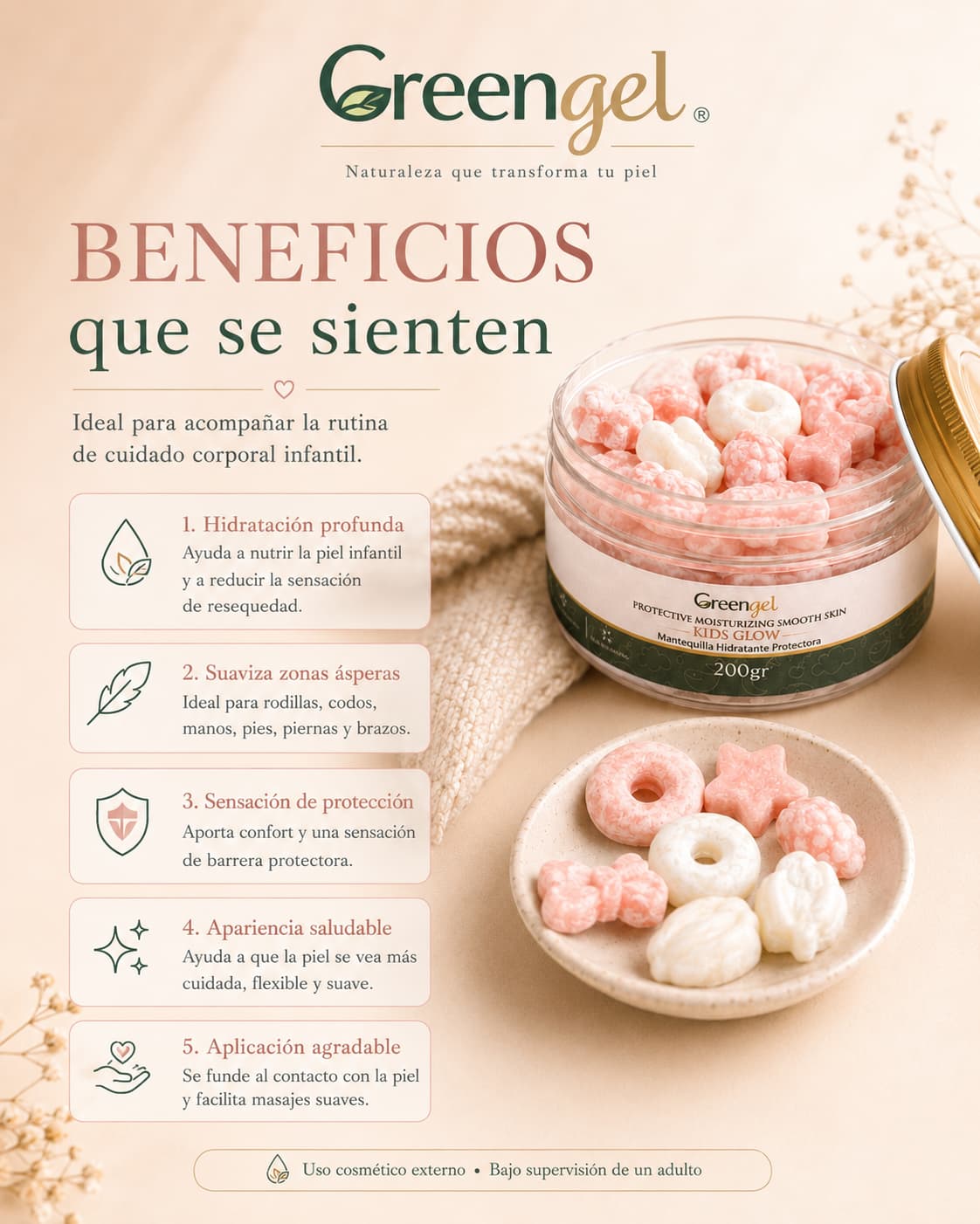 Kids Glow, mantequilla hidratante para niños con karité, vitamina E y aceites naturales. Nutre, suaviza y protege la piel infantil.