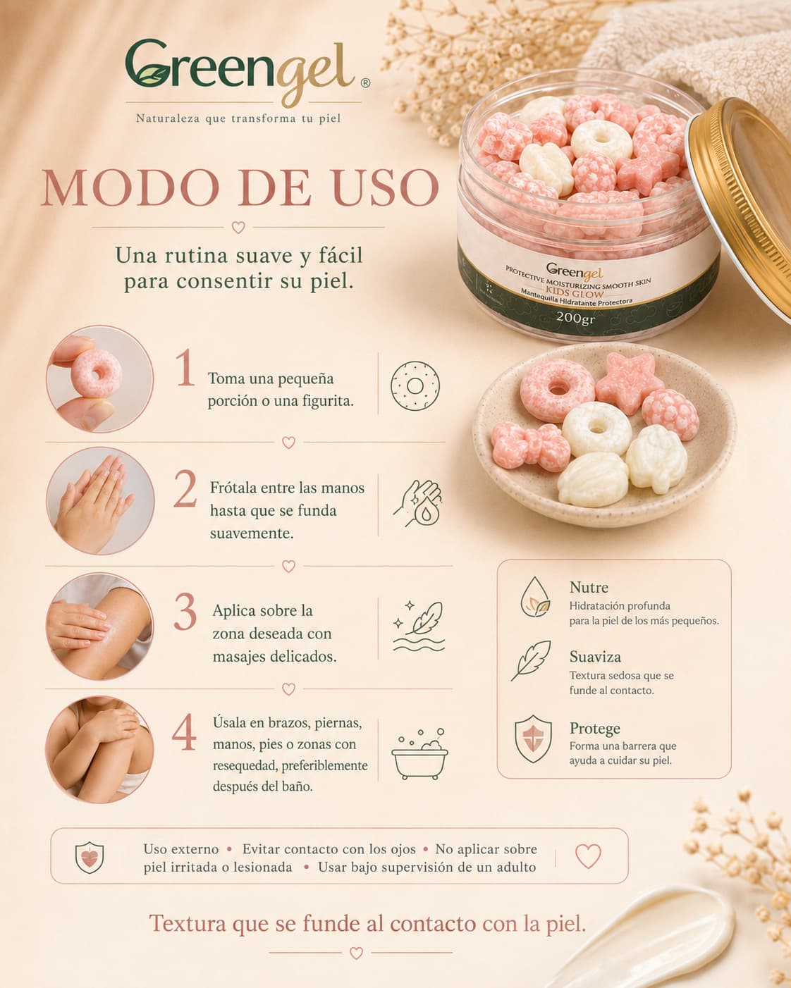 Kids Glow, mantequilla hidratante para niños con karité, vitamina E y aceites naturales. Nutre, suaviza y protege la piel infantil.