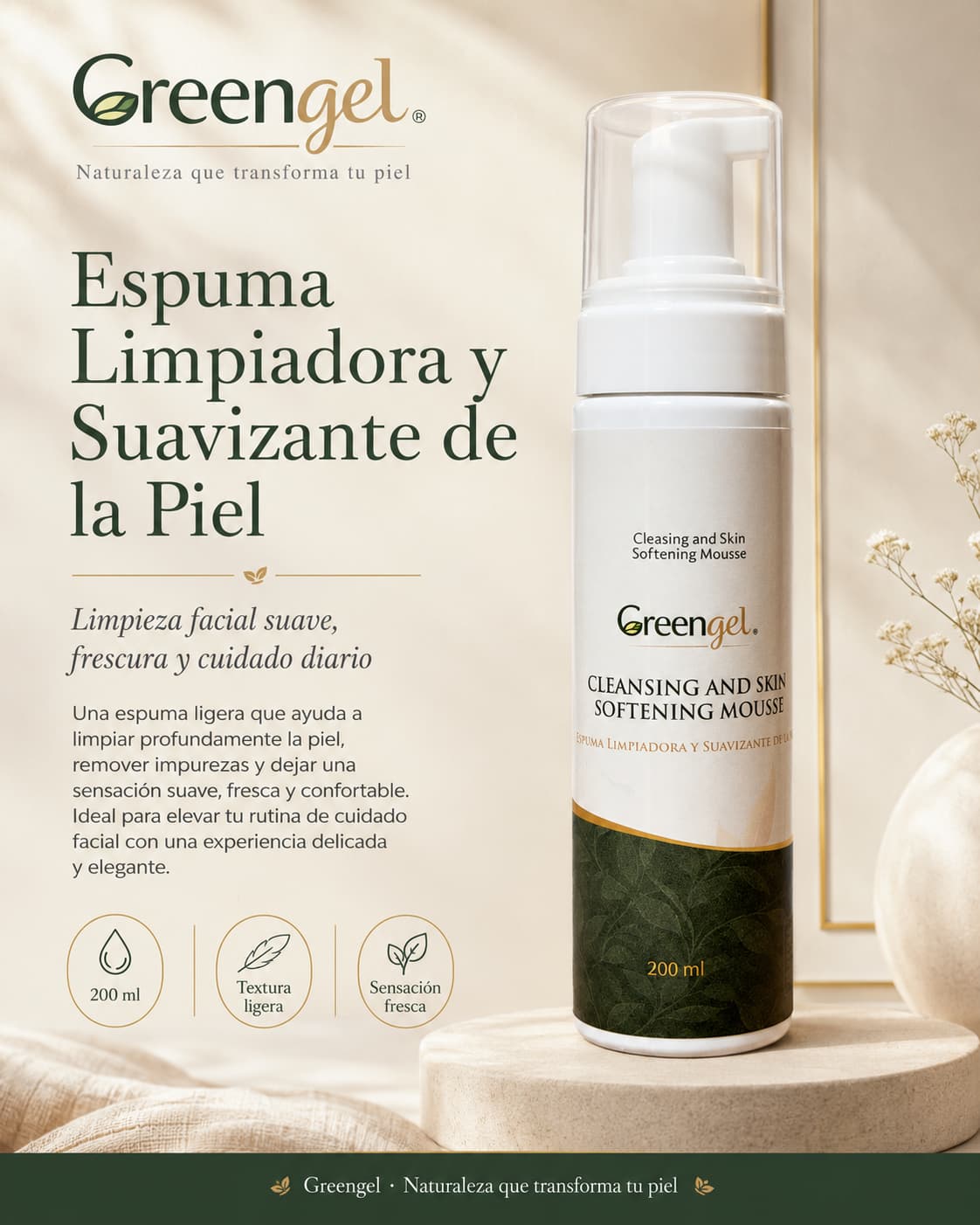 Limpia, suaviza y prepara tu piel con la Espuma Limpiadora Greengel. Con aloe vera, caléndula, manzanilla, salvia, aminoácidos y ácido glicólico.