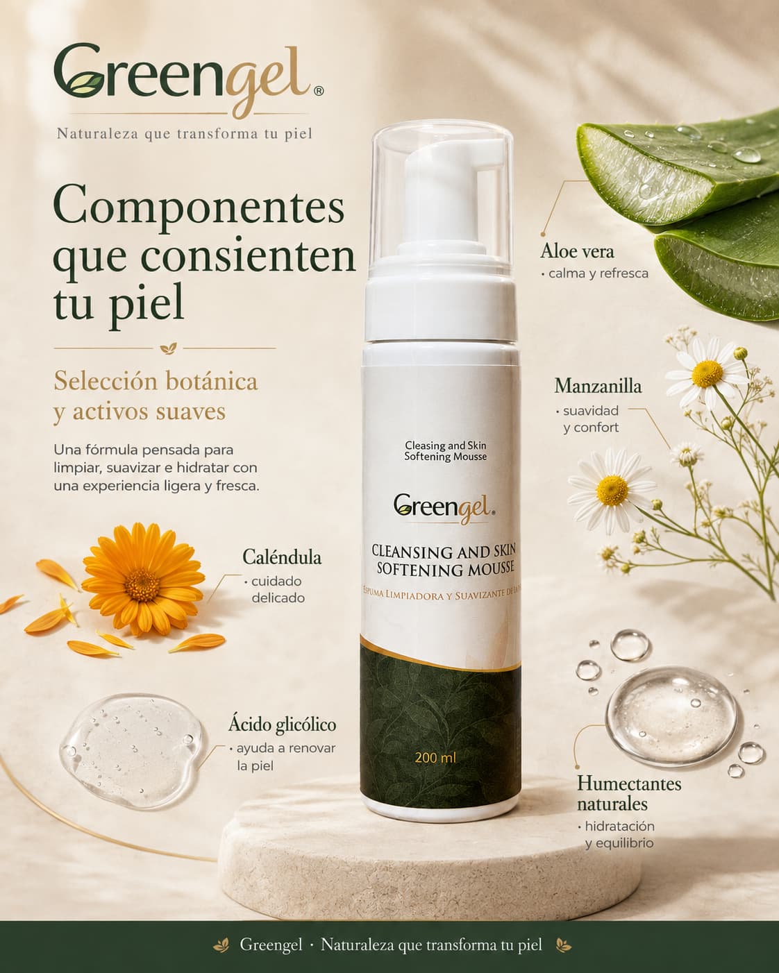 Limpia, suaviza y prepara tu piel con la Espuma Limpiadora Greengel. Con aloe vera, caléndula, manzanilla, salvia, aminoácidos y ácido glicólico.