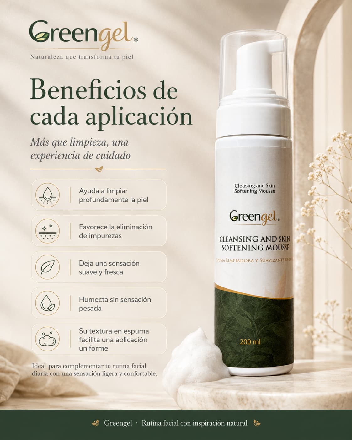 Limpia, suaviza y prepara tu piel con la Espuma Limpiadora Greengel. Con aloe vera, caléndula, manzanilla, salvia, aminoácidos y ácido glicólico.