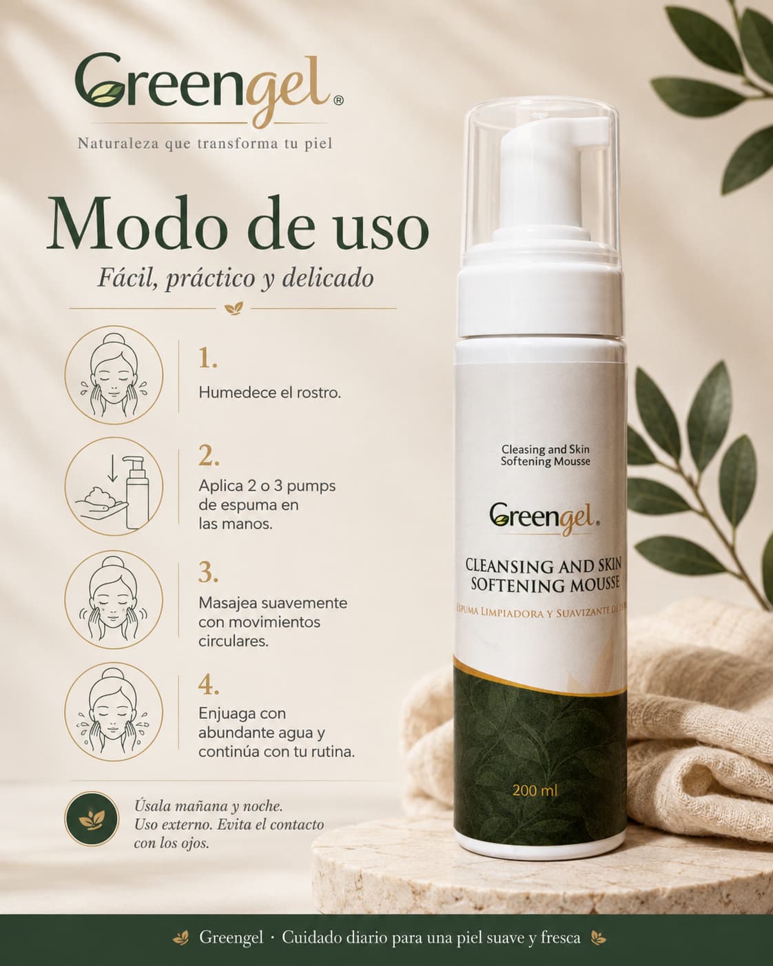 Limpia, suaviza y prepara tu piel con la Espuma Limpiadora Greengel. Con aloe vera, caléndula, manzanilla, salvia, aminoácidos y ácido glicólico.