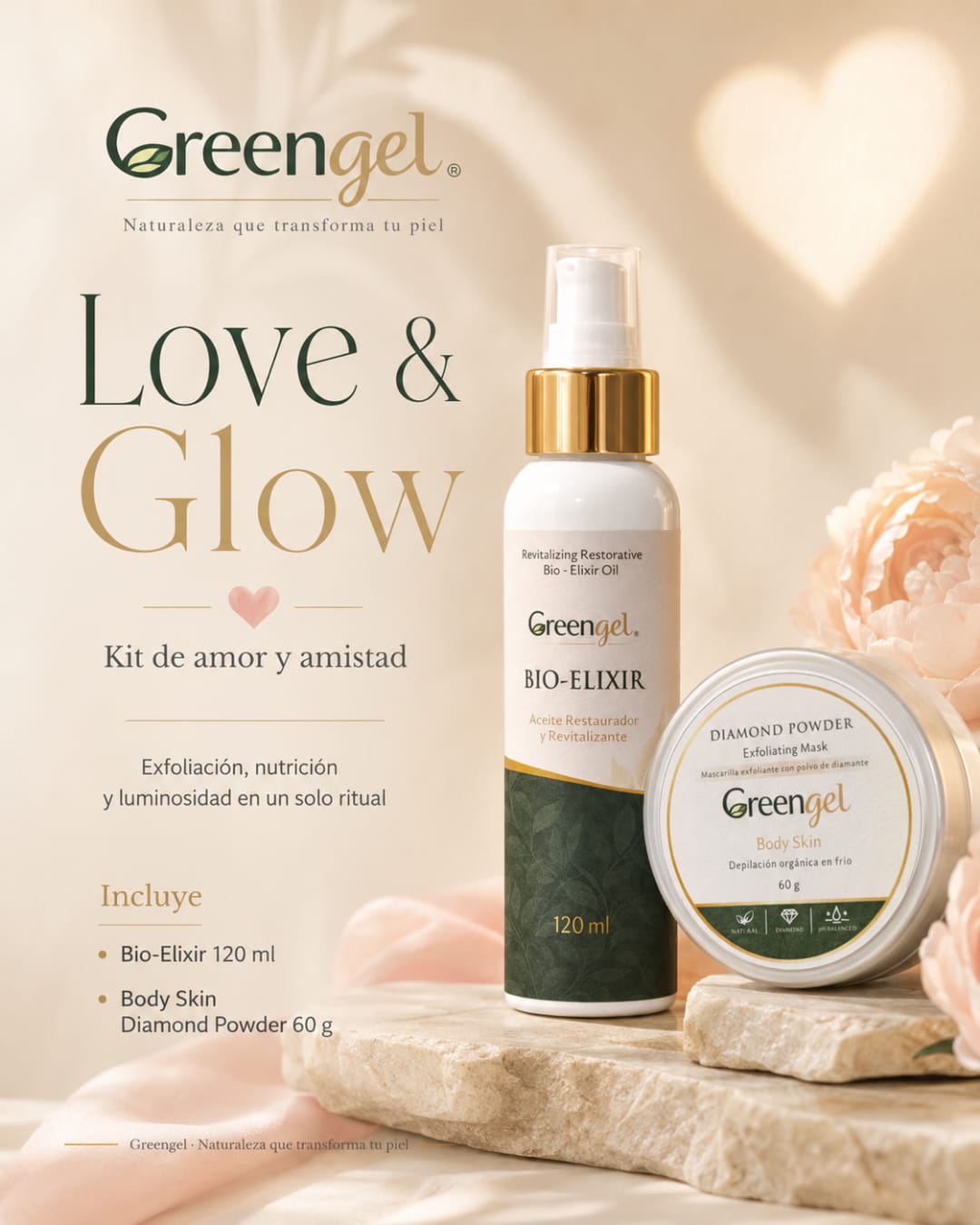 Descubre Love & Glow Greengel: exfoliación con polvo de diamante y nutrición con Bio-Elixir para una piel más suave, luminosa y revitalizada.