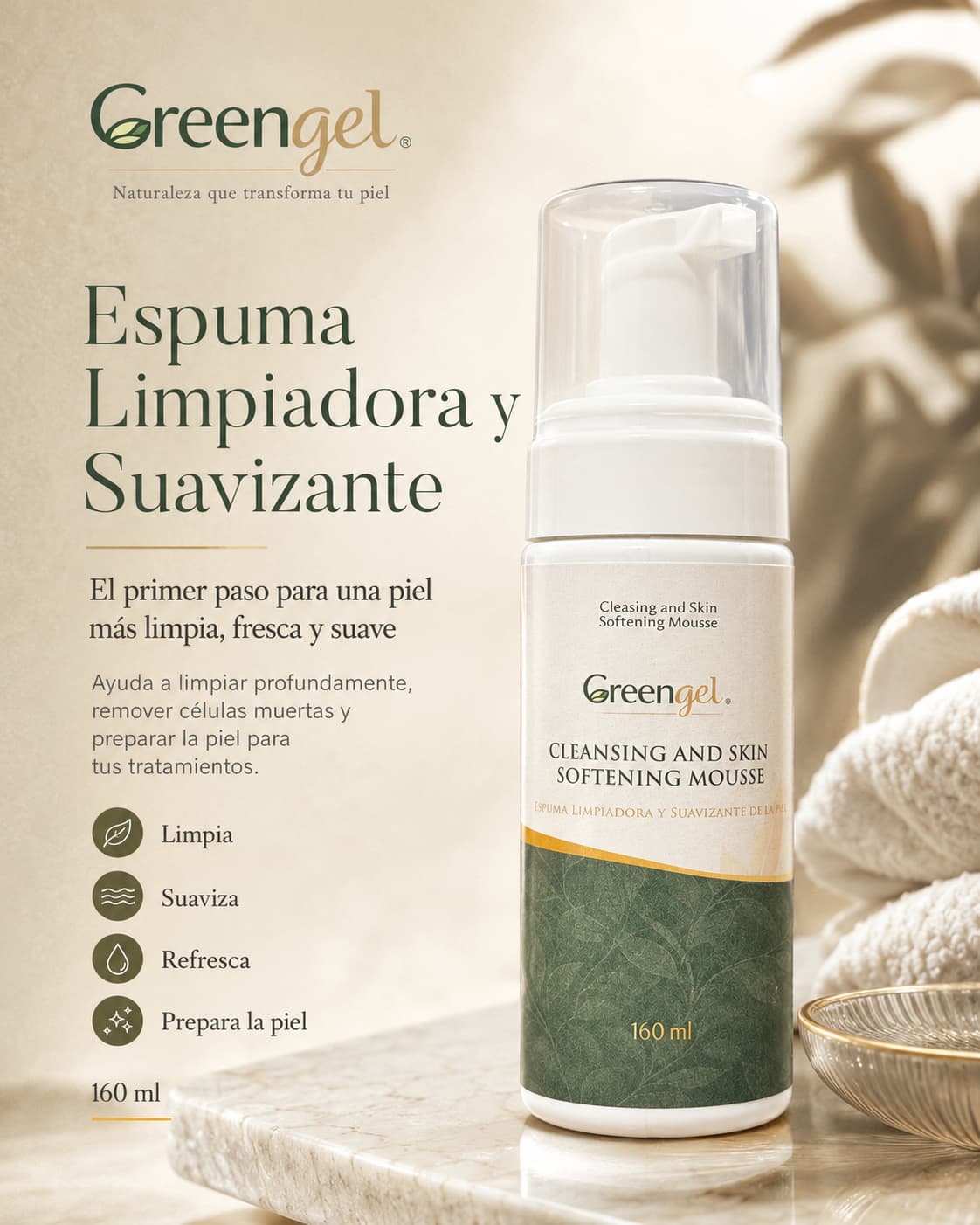 Limpia, suaviza y prepara tu piel con la Espuma Limpiadora Greengel. Con aloe vera, caléndula, manzanilla, salvia, aminoácidos y ácido glicólico.