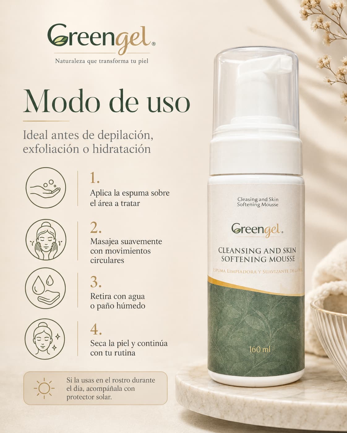 Limpia, suaviza y prepara tu piel con la Espuma Limpiadora Greengel. Con aloe vera, caléndula, manzanilla, salvia, aminoácidos y ácido glicólico.